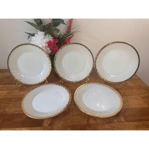 Vintage Fire-King Anchor Hocking Milk Glass Plates Gold Trim Swirl Pattern Set 5